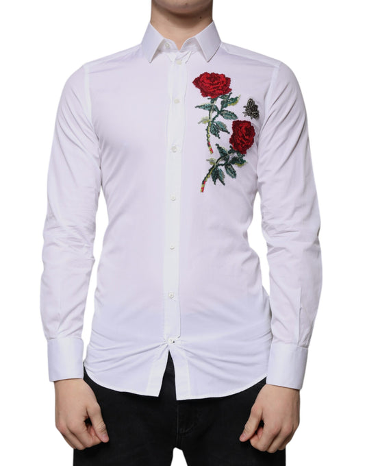 Dolce & Gabbana White Floral Embroidery GOLD Men Dress Shirt