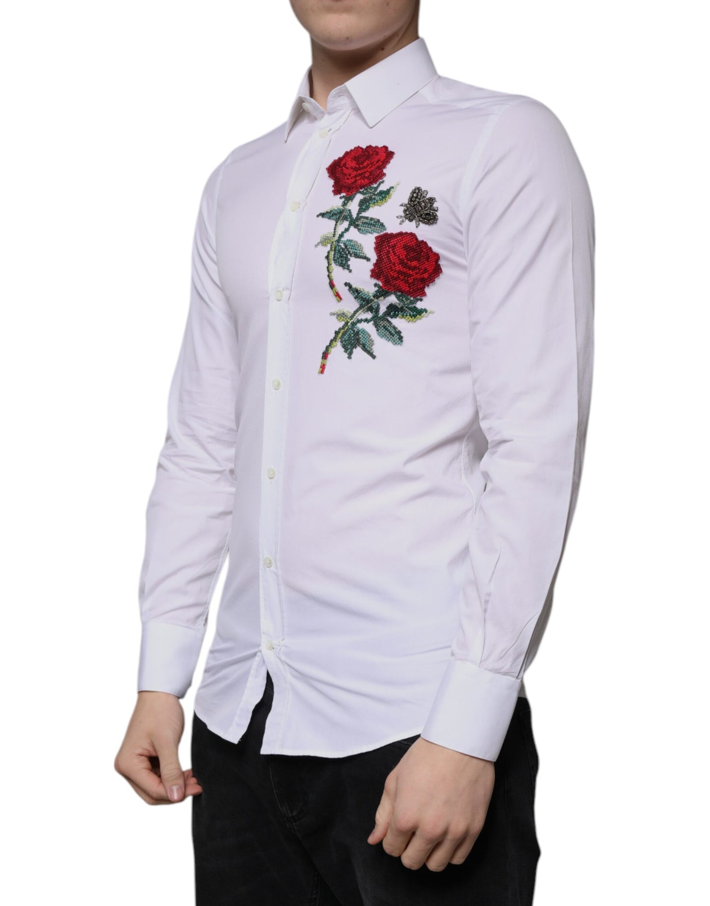 Dolce & Gabbana White Floral Embroidery GOLD Men Dress Shirt