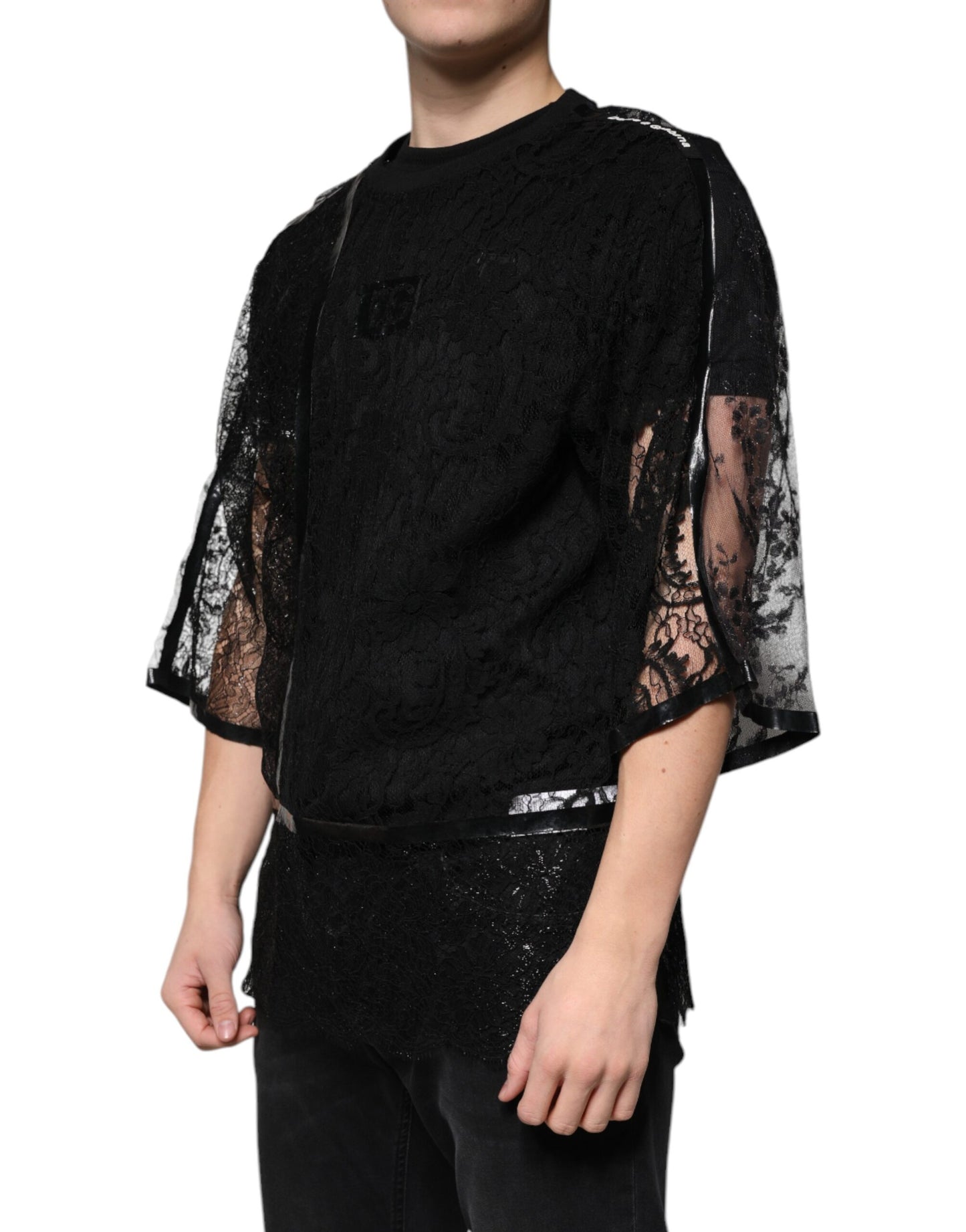 Dolce & Gabbana Black Nylon Floral Lace Crew Neck T-shirt