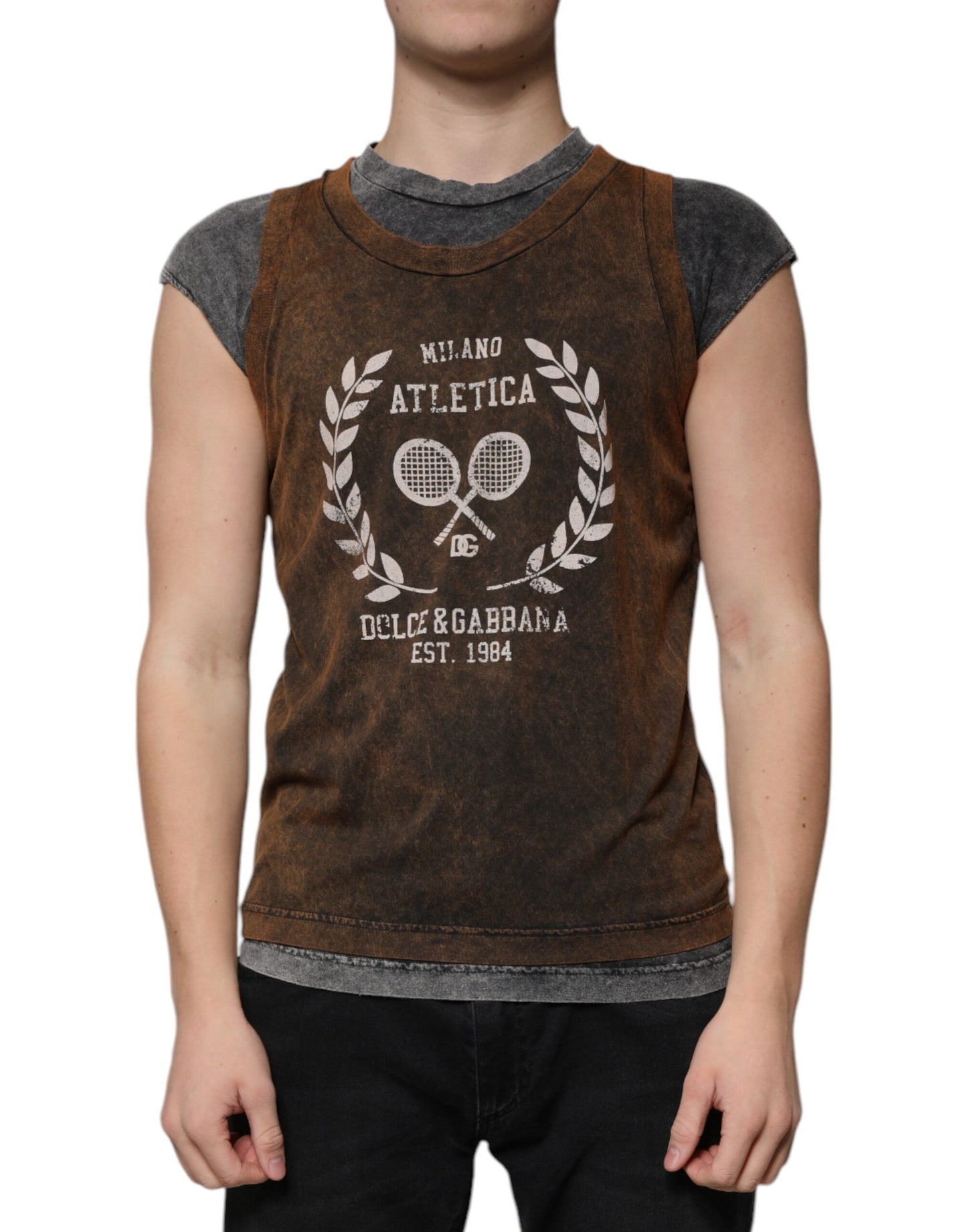 Dolce & Gabbana Brown Cotton Crew Neck Sleeveless T-shirt