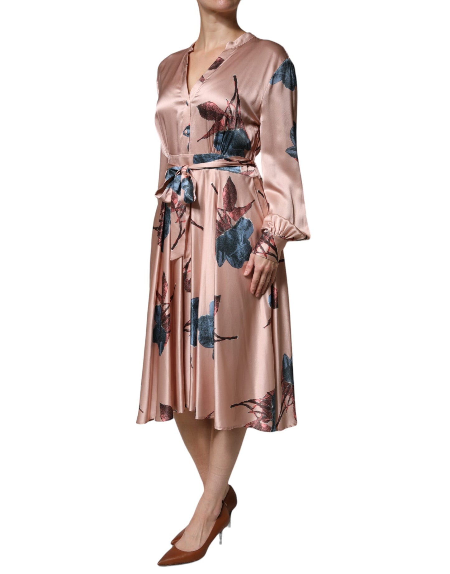 L'Autre Chose Pink Satin Floral Long Sleeves A-line Midi Dress