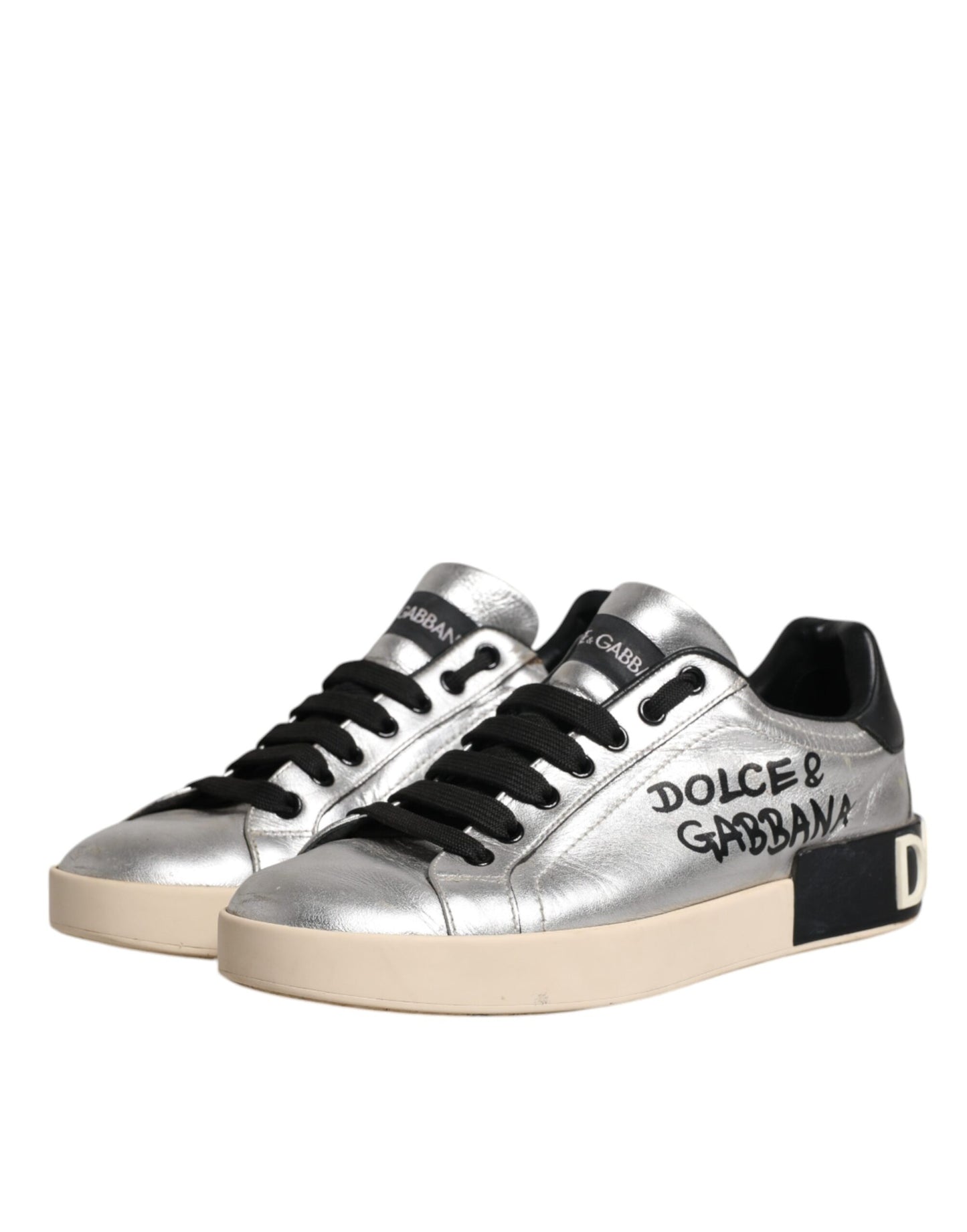 Dolce & Gabbana Silver Calf Leather Portofino Sneakers Shoes