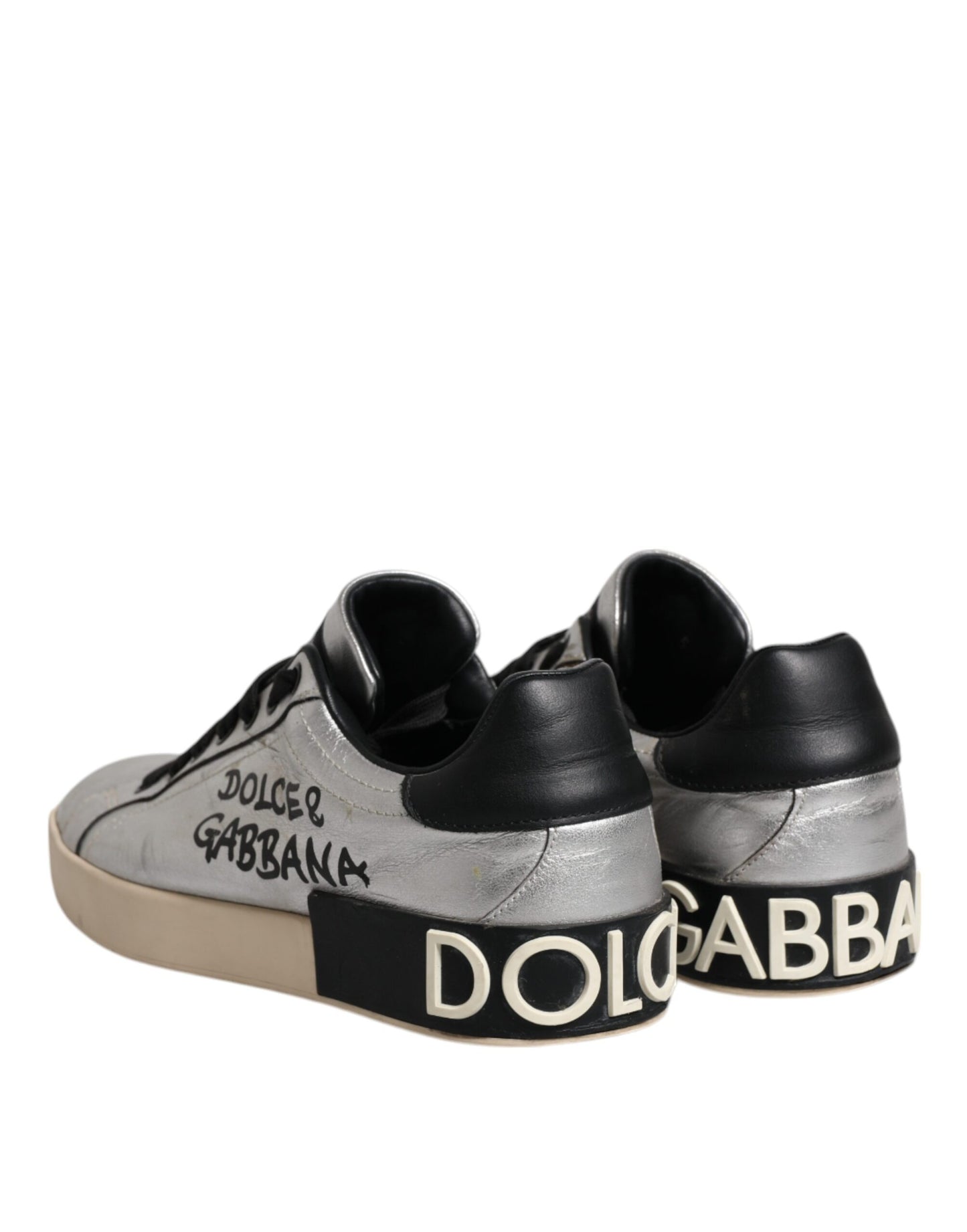 Dolce & Gabbana Silver Calf Leather Portofino Sneakers Shoes