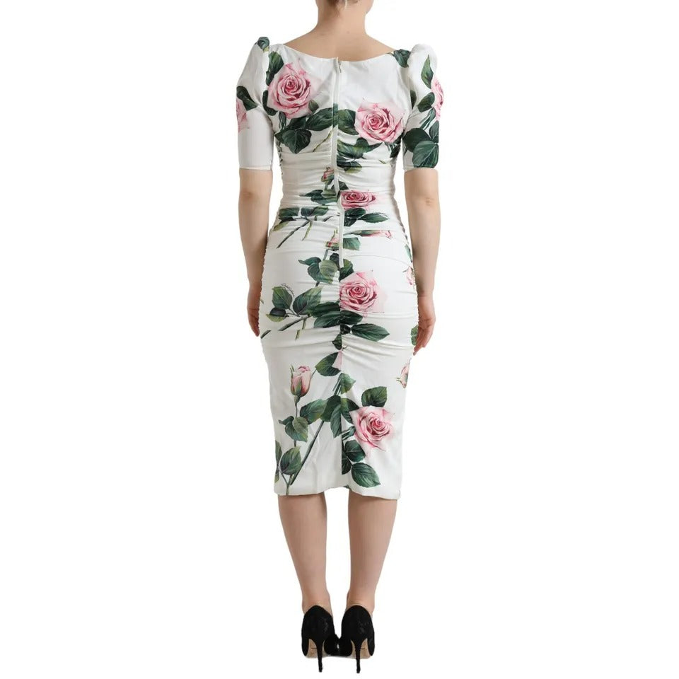 Dolce & Gabbana White Roses Print Stretch Silk Pleated Dress