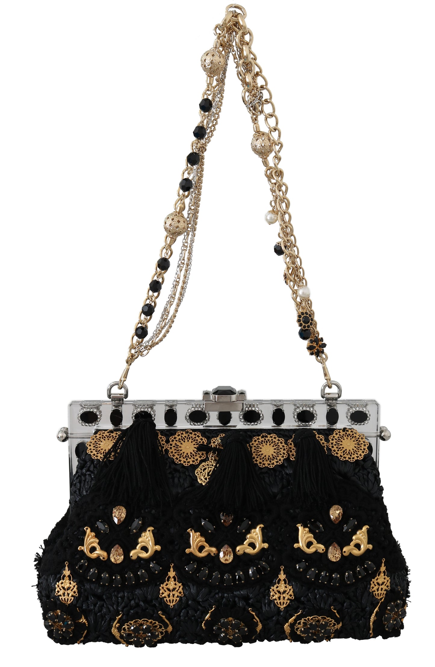 Dolce & Gabbana Black Tassel Gold Baroque Crystal Evening Clutch - KALAJ