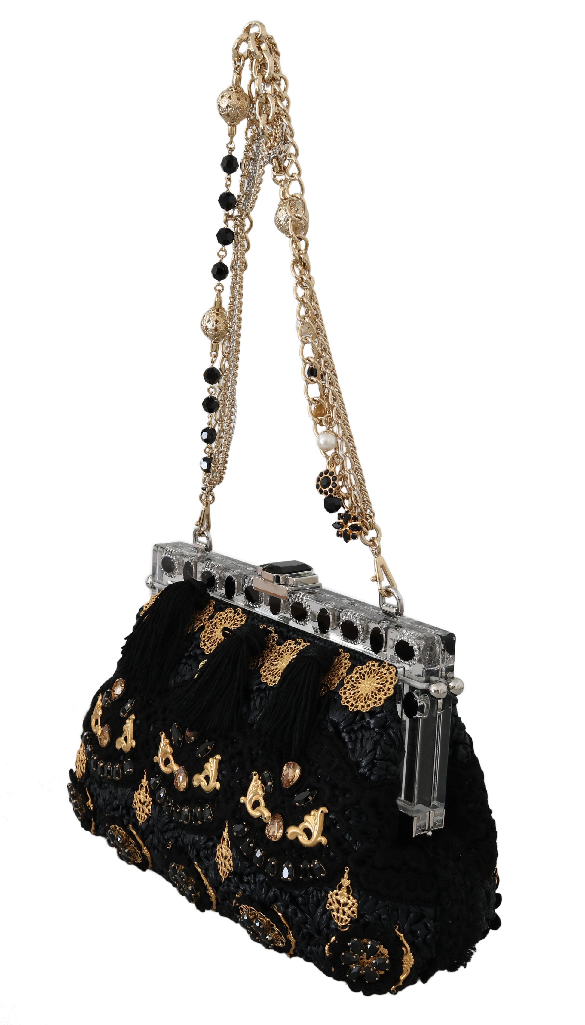 Dolce & Gabbana Black Tassel Gold Baroque Crystal Evening Clutch - KALAJ