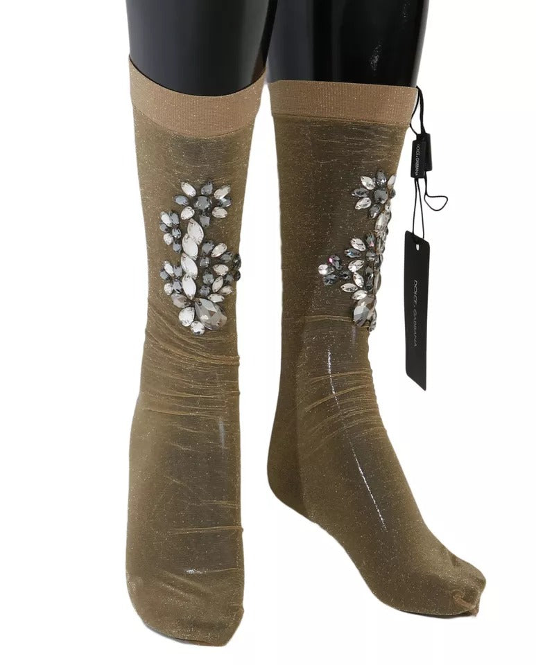 Dolce & Gabbana Gold Stretch Floral Clear Crystal Stocking Socks