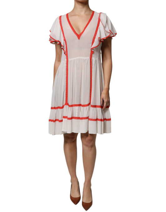 Twinset White Viscose Ruffle Sleeves A-line Pleated Mini Dress