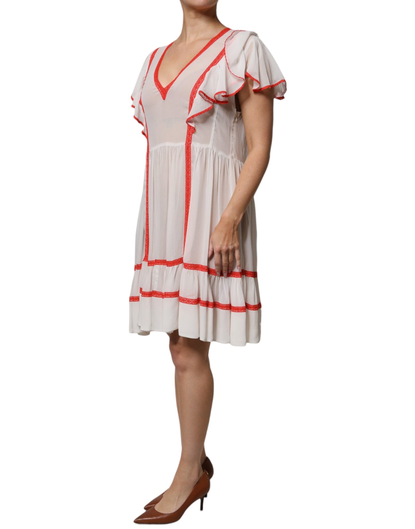 Twinset White Viscose Ruffle Sleeves A-line Pleated Mini Dress