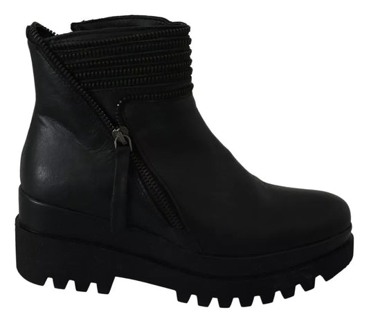 Ovyé Black Leather Zipper Ankle Boots Shoes