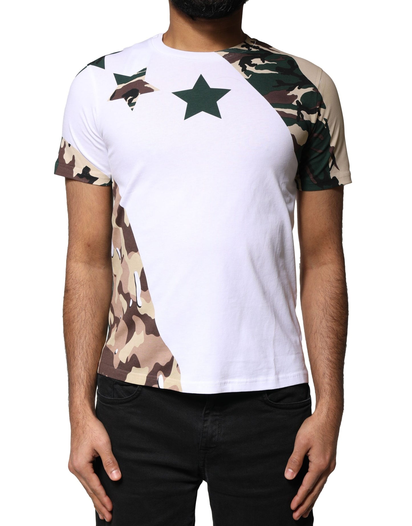 Dolce & Gabbana White Camouflage Stars Crew Neck T-shirt