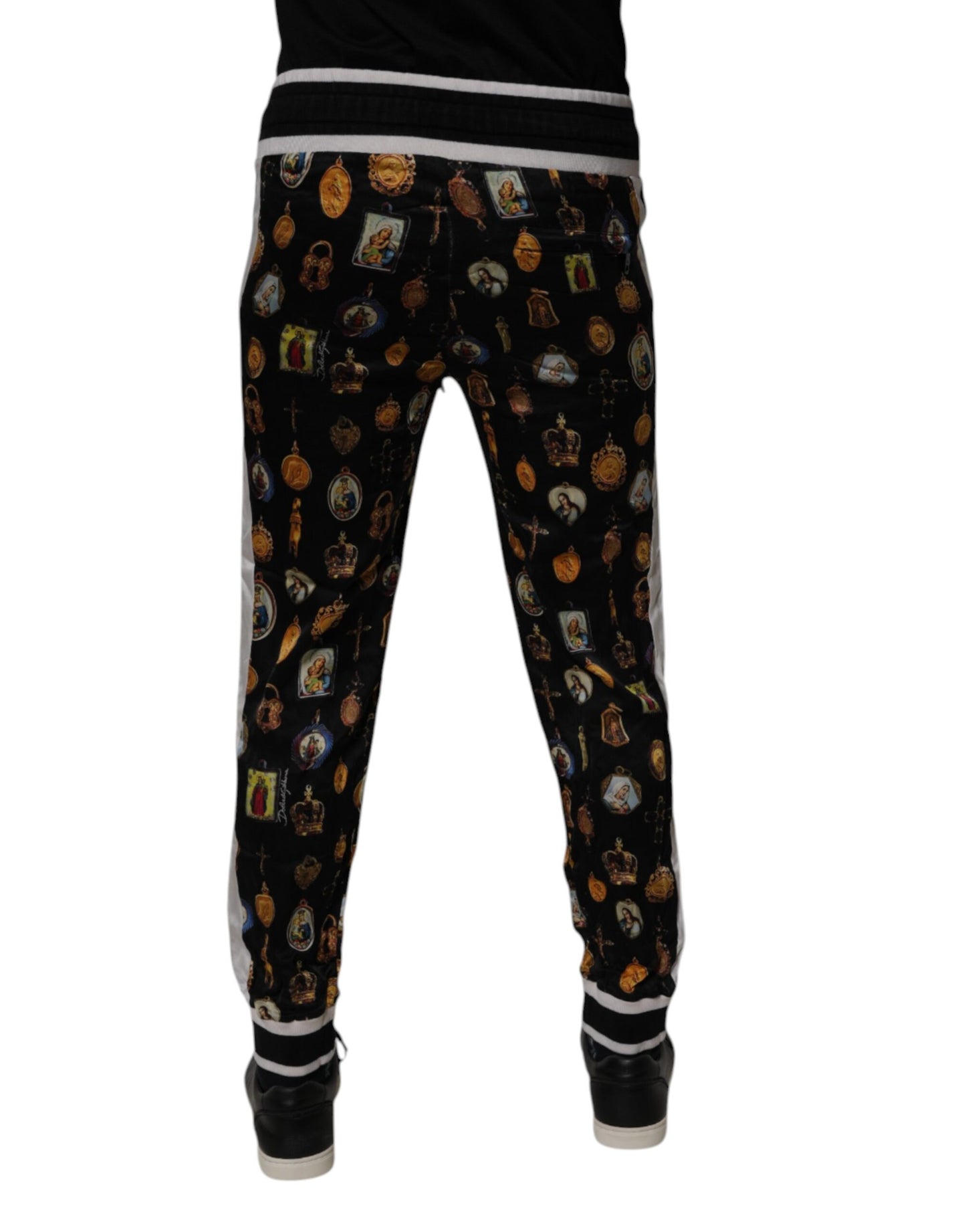 Dolce & Gabbana Black Religious Print Silk Men Jogger Pants