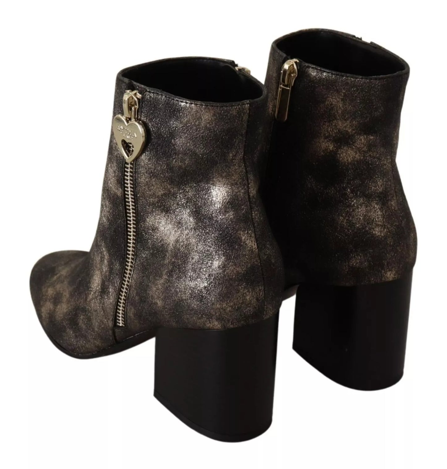 MY TWIN Black Leather Block Heels Ankle Boots Zipper Shoes