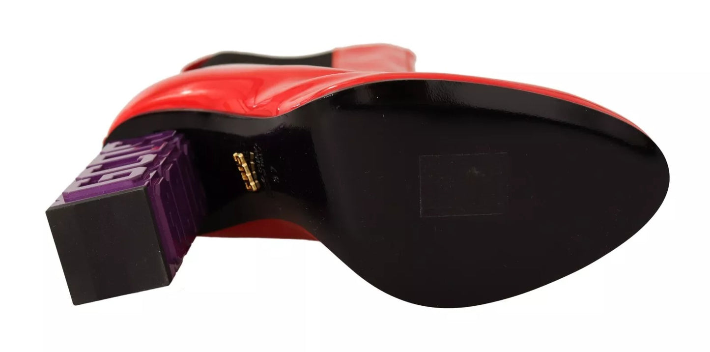 GCDS Red Leather Black Fabric Logo Heel Ankle Boots Shoes