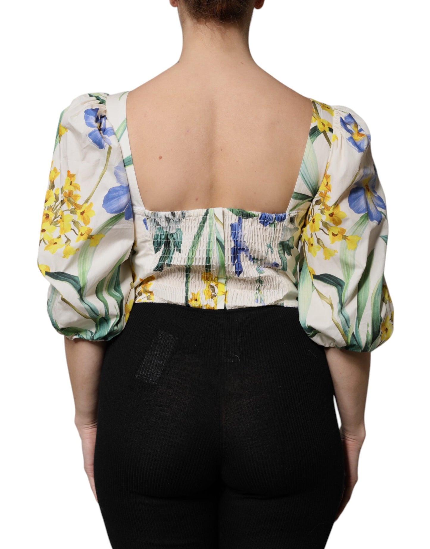 Dolce & Gabbana White Floral Puff Sleeves Crop Blouse Top
