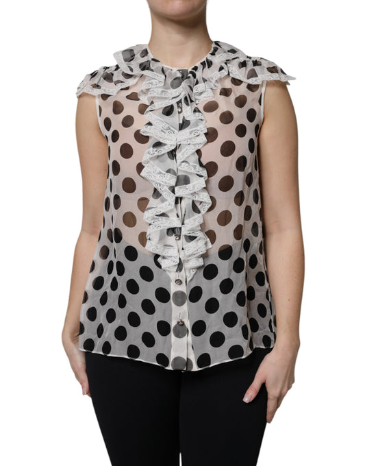 Dolce & Gabbana White Black Polka Dot Cotton Sleeveless Top