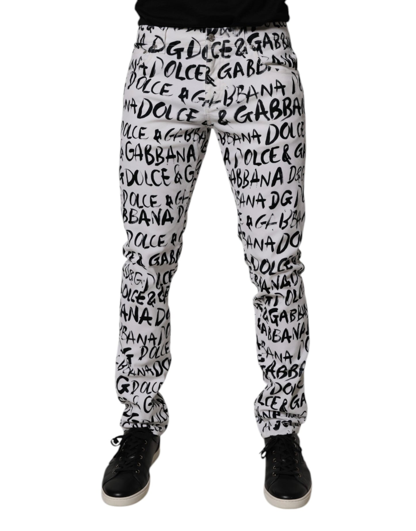 Dolce & Gabbana White Cotton Logo Print Skinny Denim Jeans