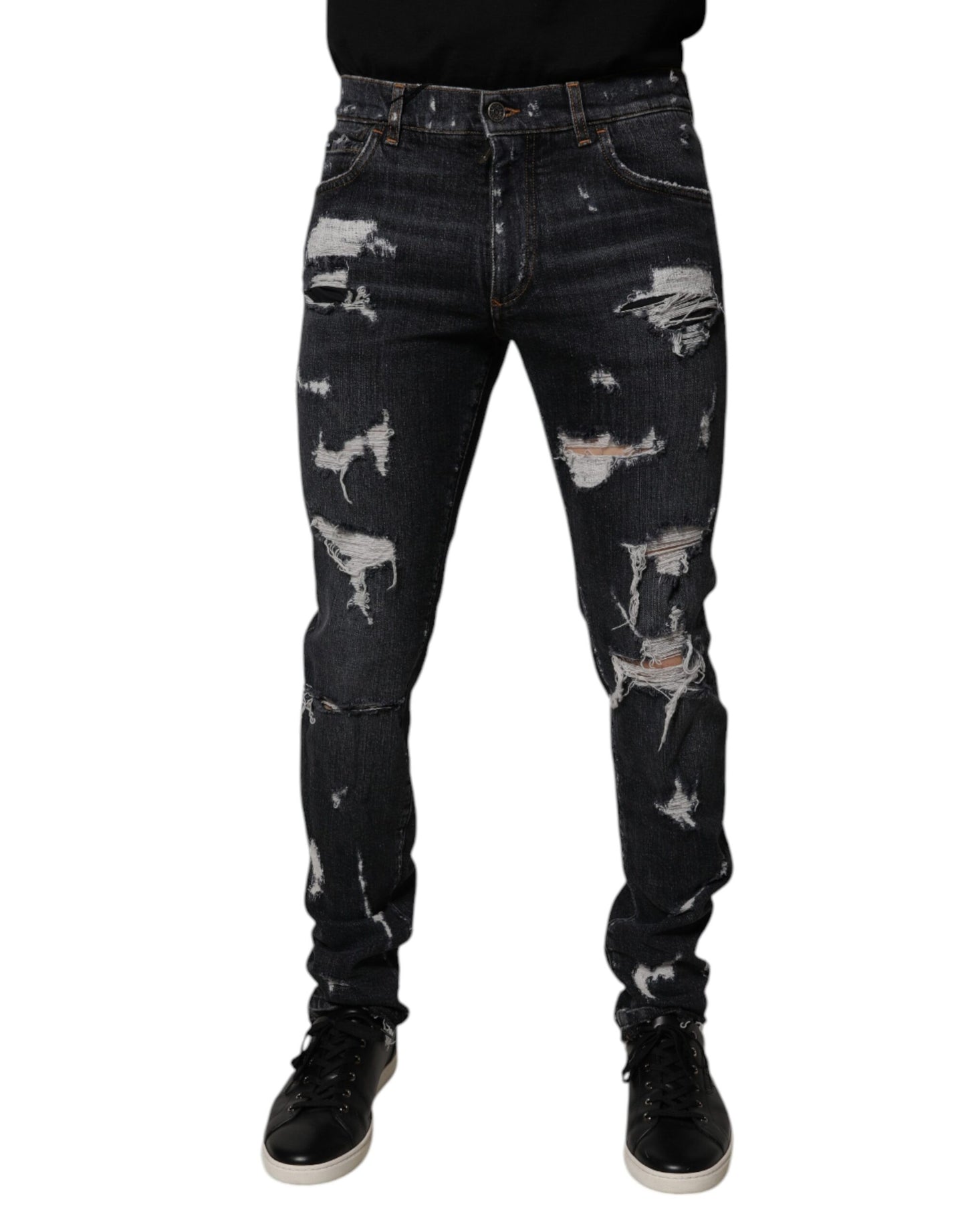 Dolce & Gabbana Black Tattered Cotton Skinny Men Denim Jeans