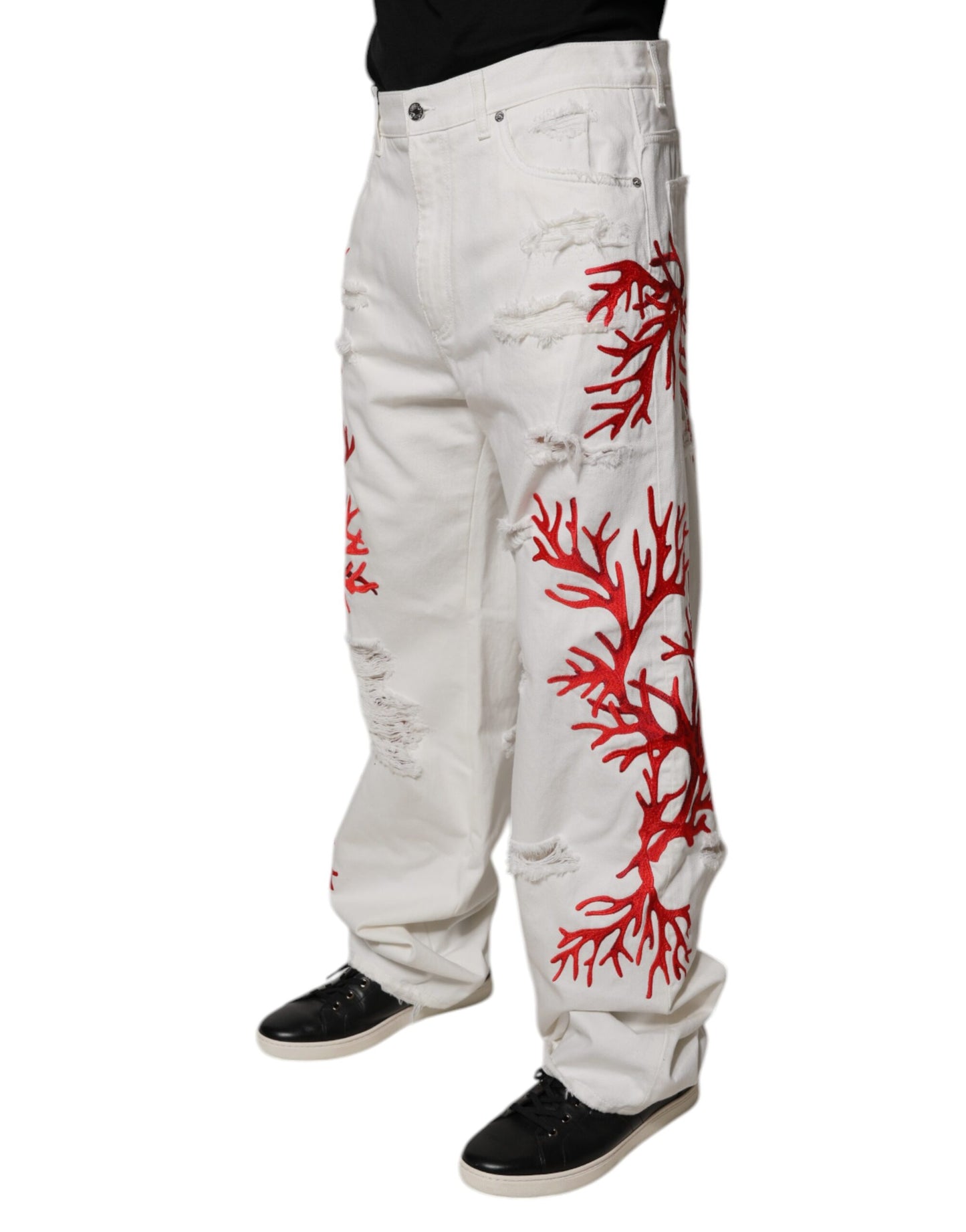 Dolce & Gabbana White Corals Tattered Straight Denim Jeans
