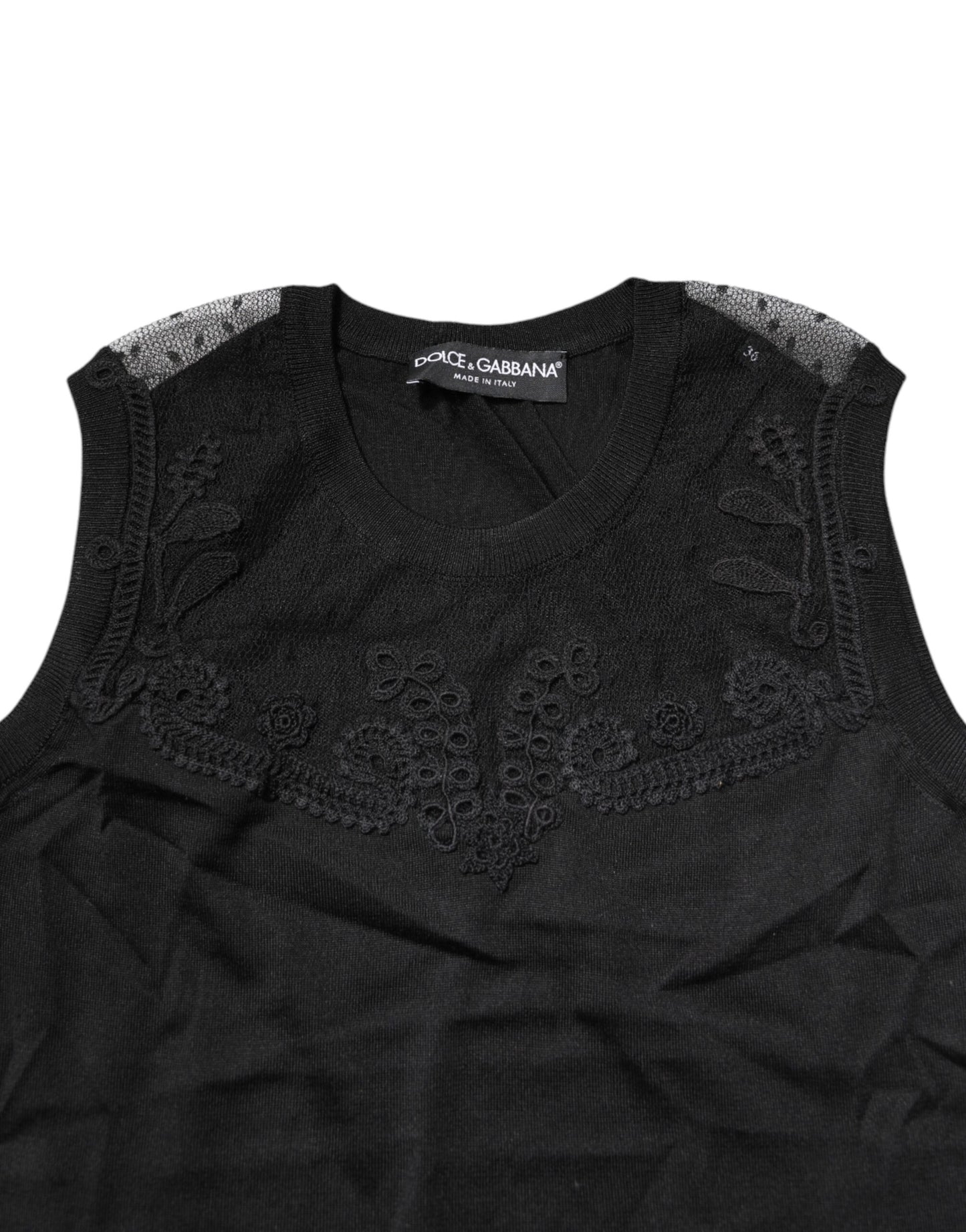 Dolce & Gabbana Black Lace Sheer Crew Neck Sleeveless Top