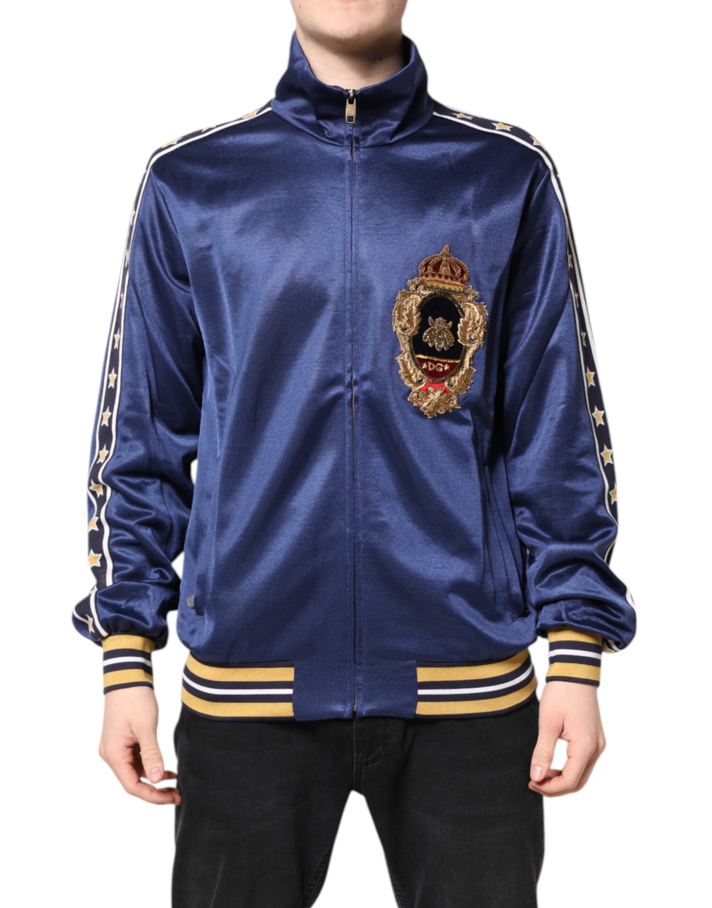 Dolce & Gabbana Blue Nylon Logo Patch Men Bomber Sweater