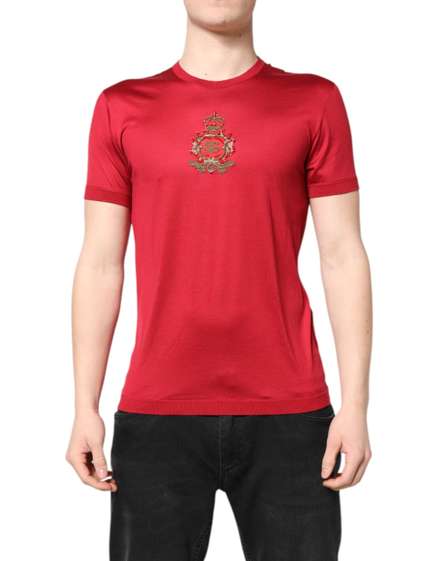 Dolce & Gabbana Red Silk DG Crown Logo Short Sleeve T-shirt