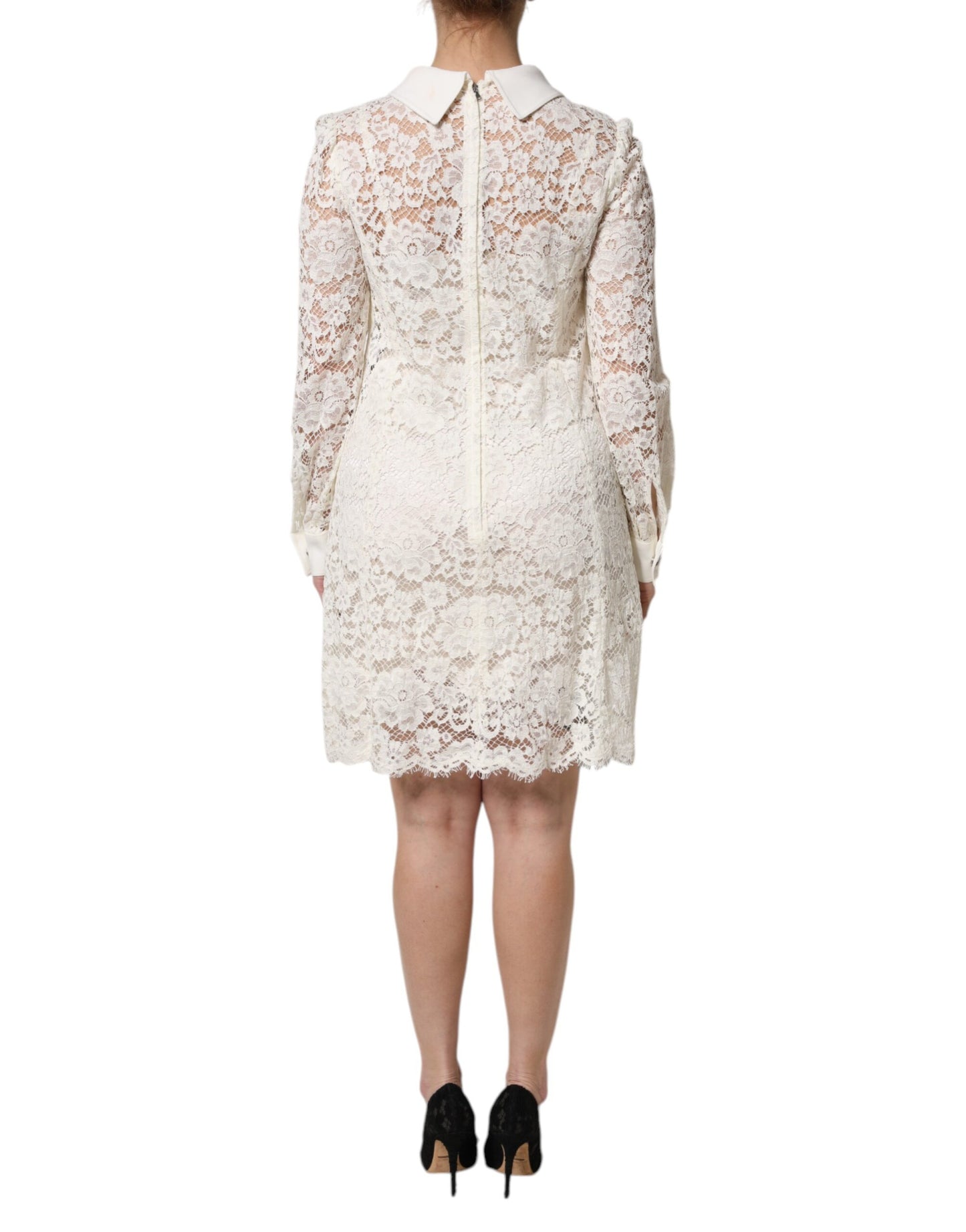 Dolce & Gabbana White Floral Lace Long Sleeves Shift Dress