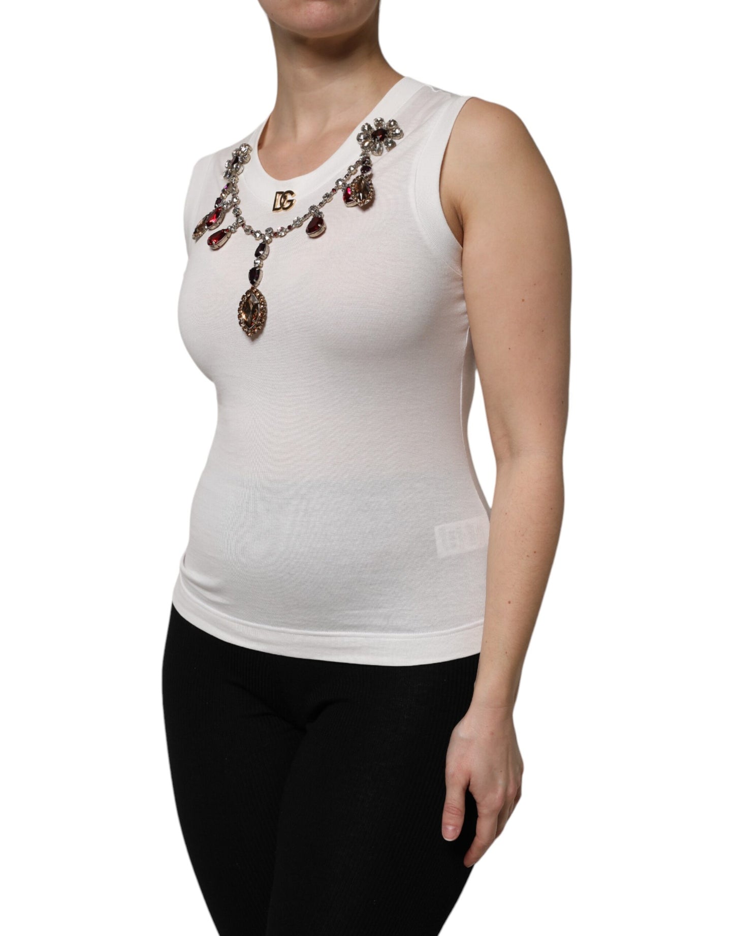 Dolce & Gabbana White Cotton Logo Crystal Detailing Tank Top