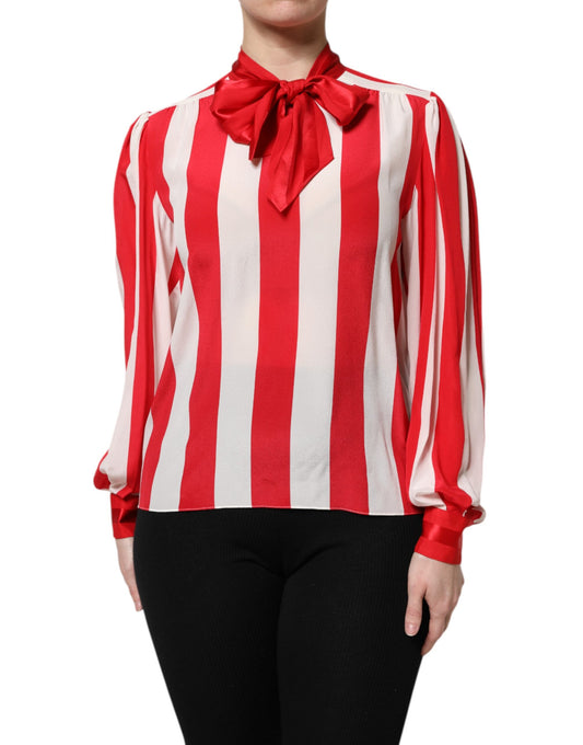Dolce & Gabbana Red White Stripes Ascot Collar Blouse Top