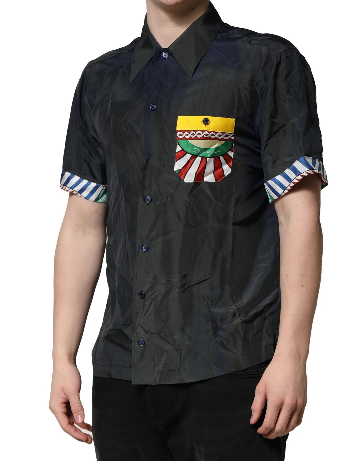 Dolce & Gabbana Black Silk Short Sleeves Men Casual Shirt