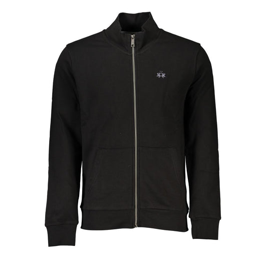 La Martina Black Cotton Men Sweater with Central Pockets and Zip