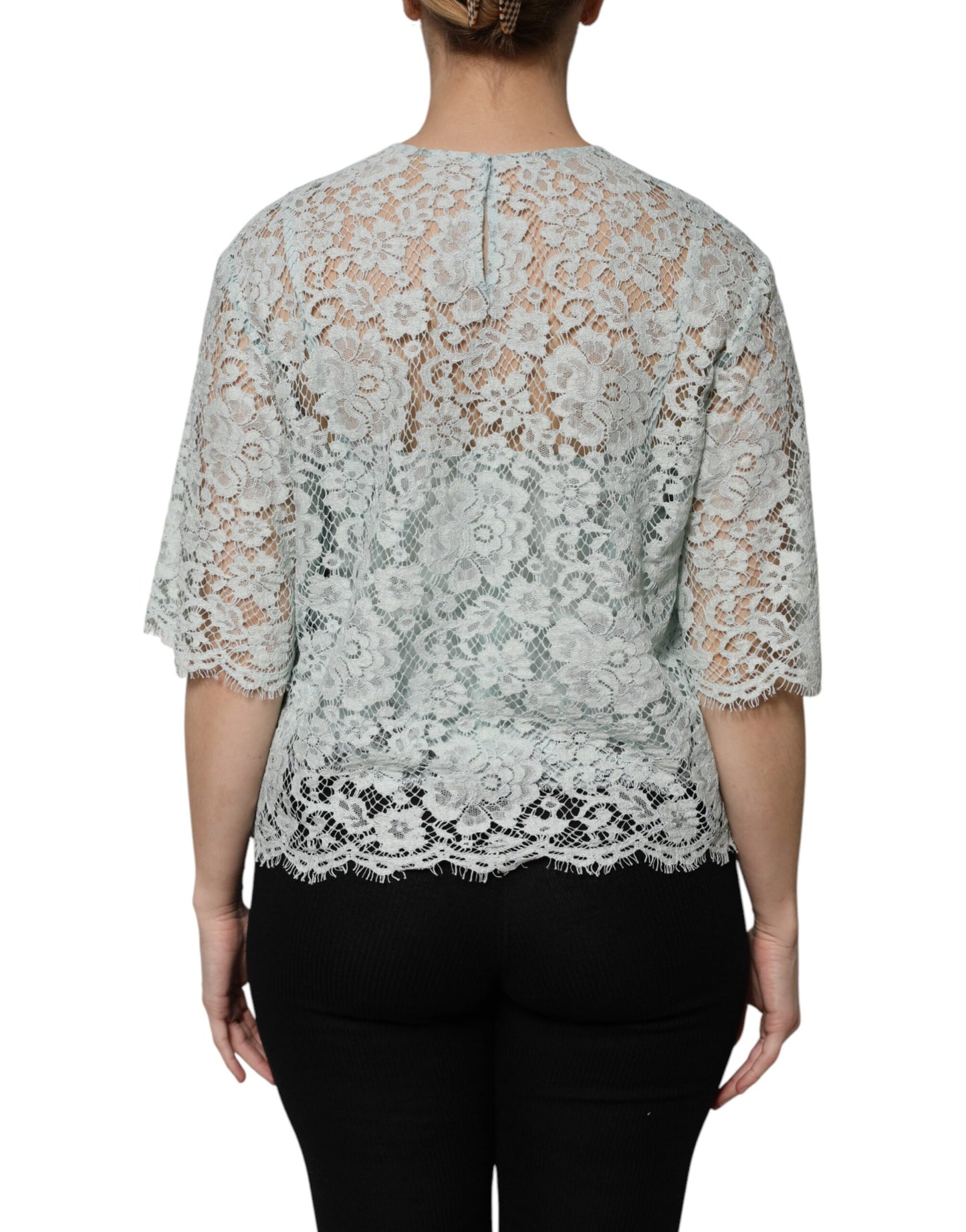 Dolce & Gabbana Mint Green Floral Lace Cotton Blouse Top