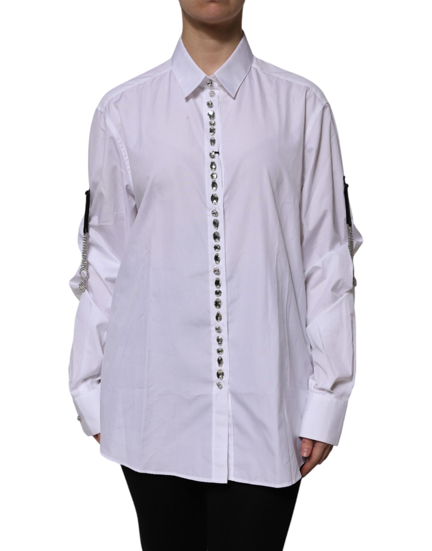 Dolce & Gabbana White Rhinestone Embellish Long Sleeves Top