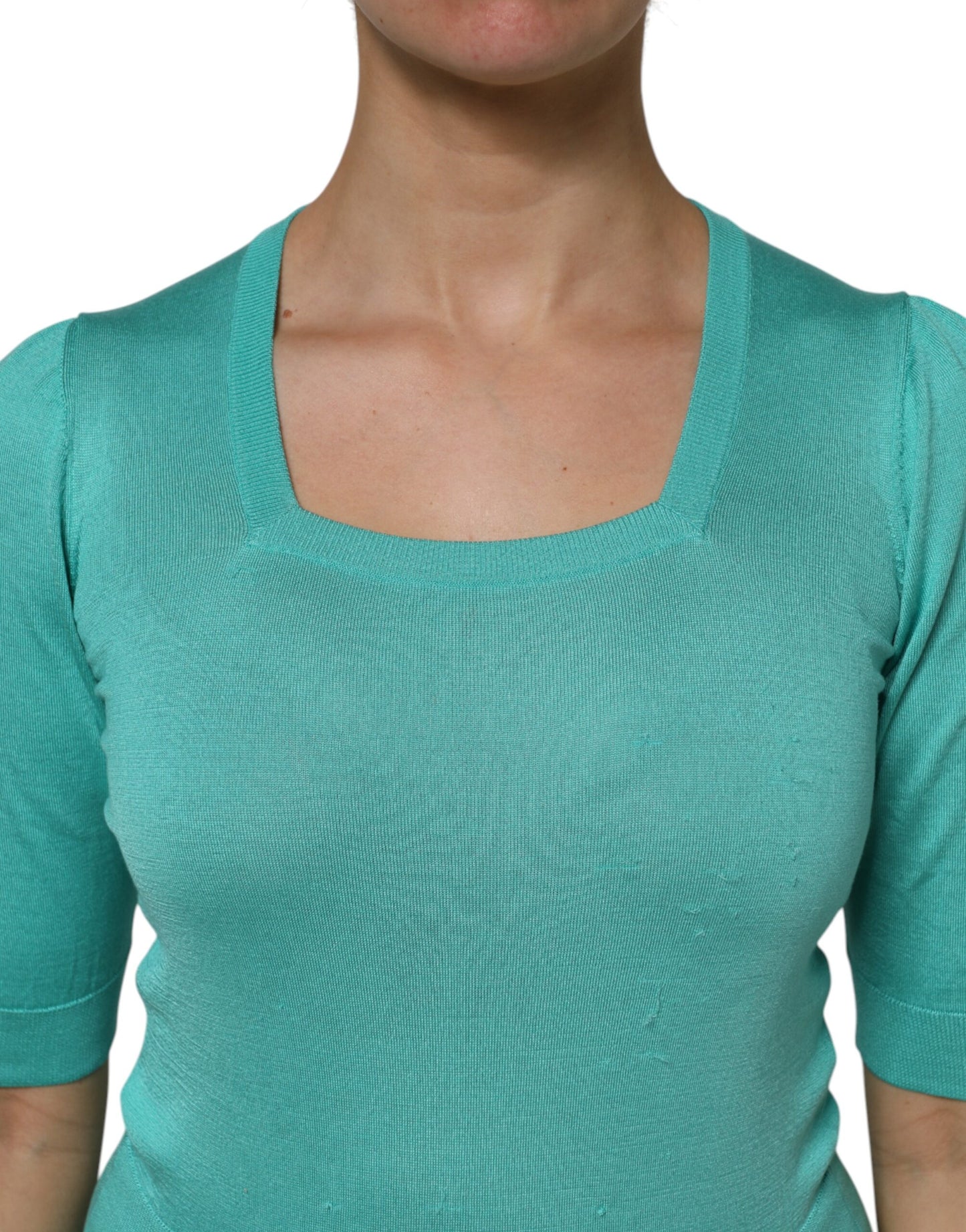Dolce & Gabbana Aqua Blue Silk Short Sleeves Square Neck Top
