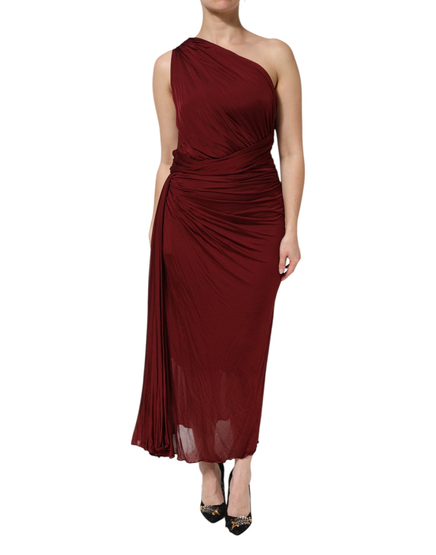 Dolce & Gabbana Red Viscose Fitted One Shoulder Midi Dress