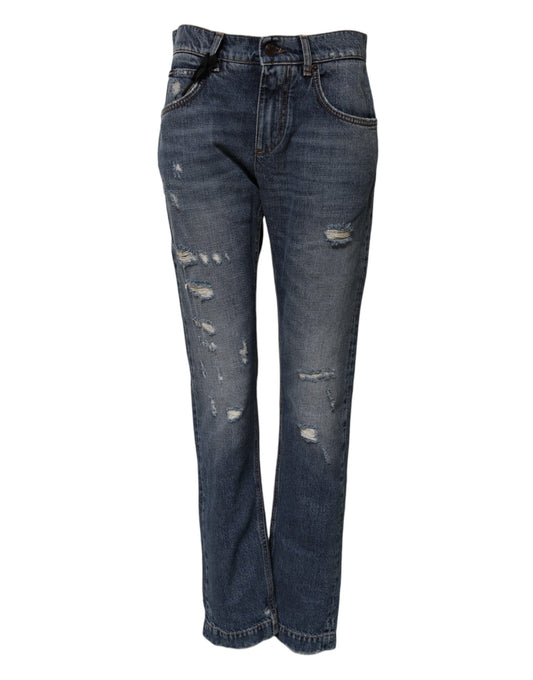 Dolce & Gabbana Blue Cotton Tattered Boyfriend Denim Jeans