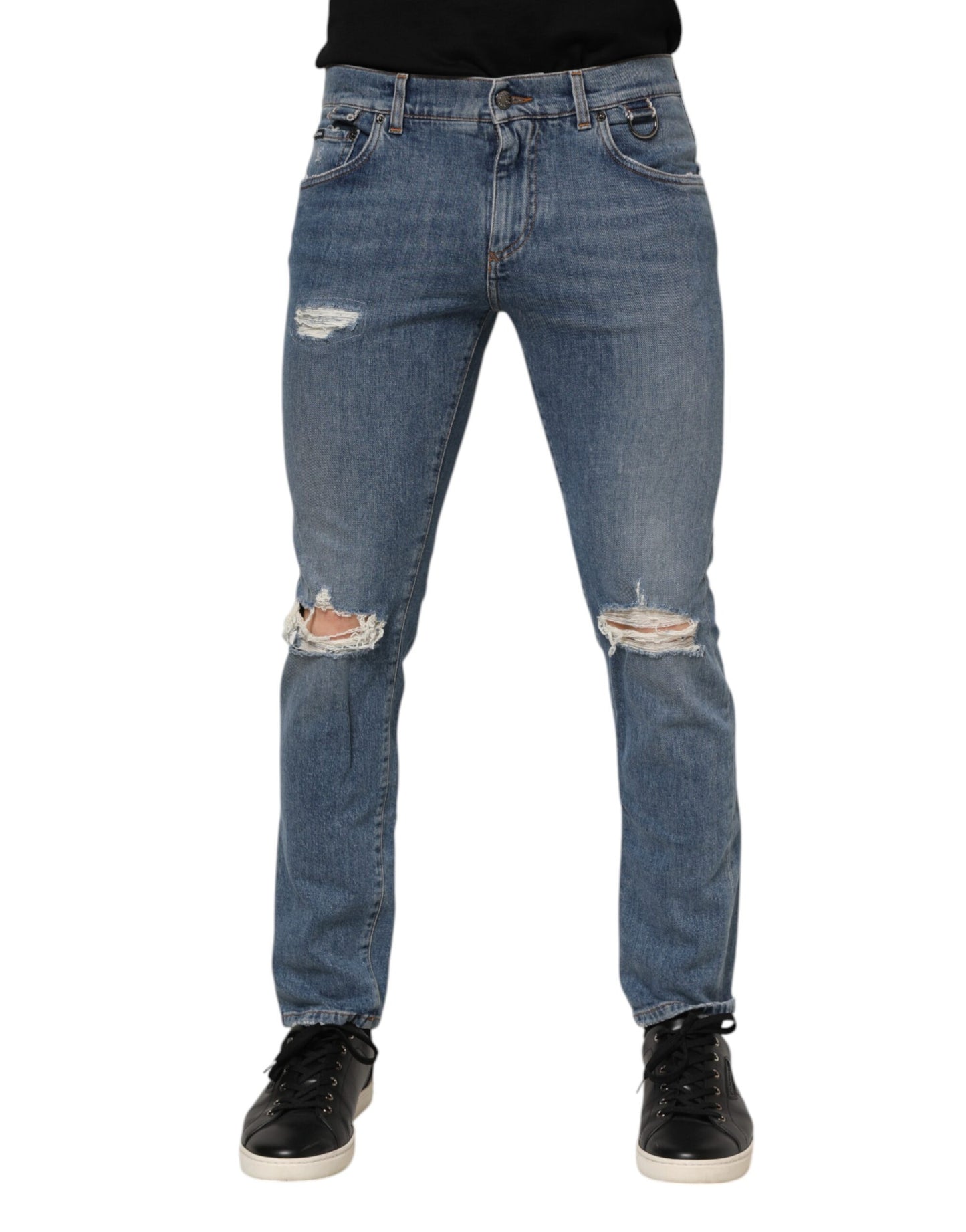 Dolce & Gabbana Blue Cotton Tattered Skinny Logo Denim Jeans