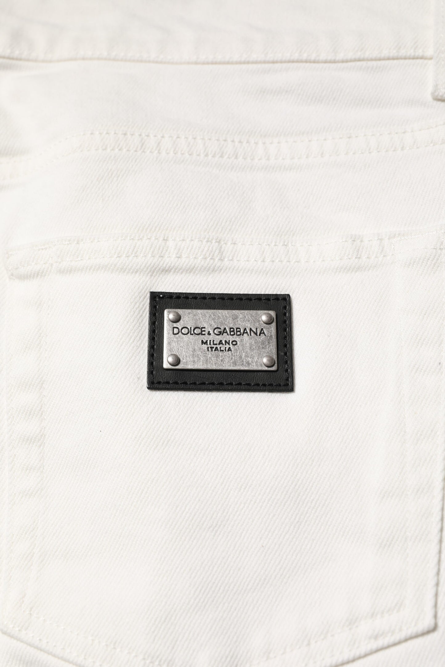 Dolce & Gabbana White Cotton Logo Plaque Slim Fit Denim Jeans
