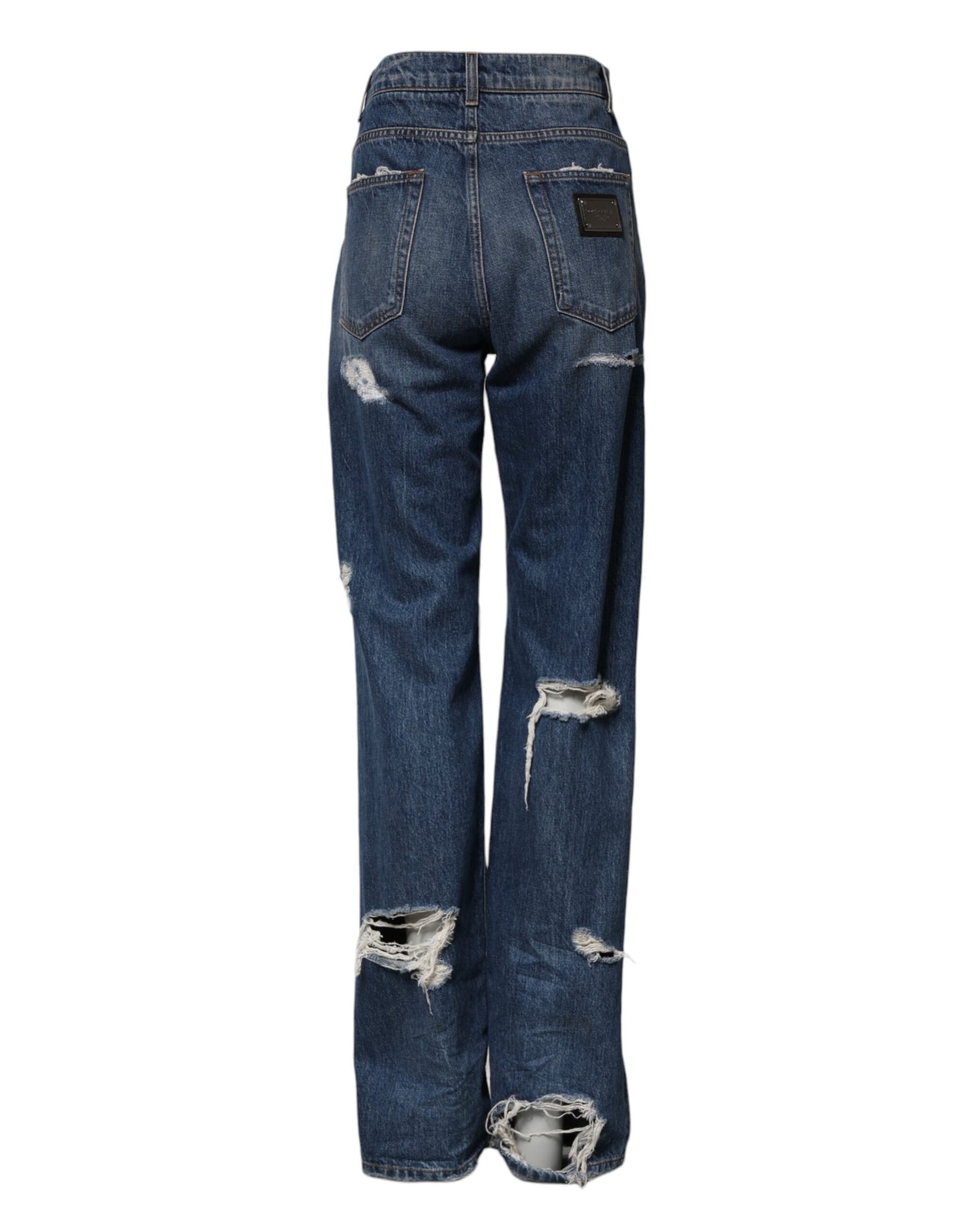 Dolce & Gabbana Blue Tattered Cotton Straight Denim Jeans