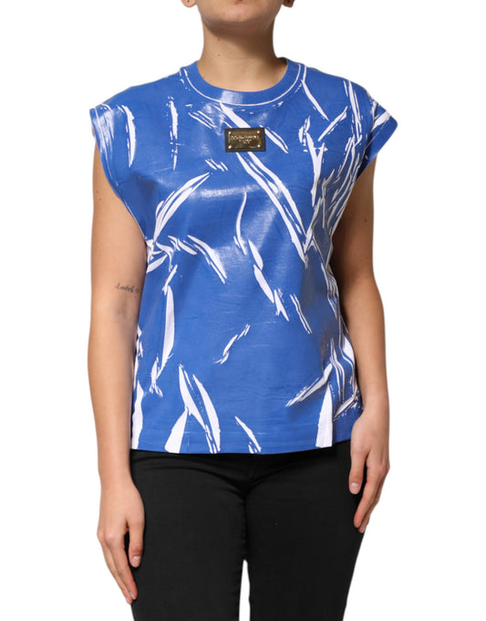 Dolce & Gabbana Blue White Cotton Logo Plaque Women Tank Top