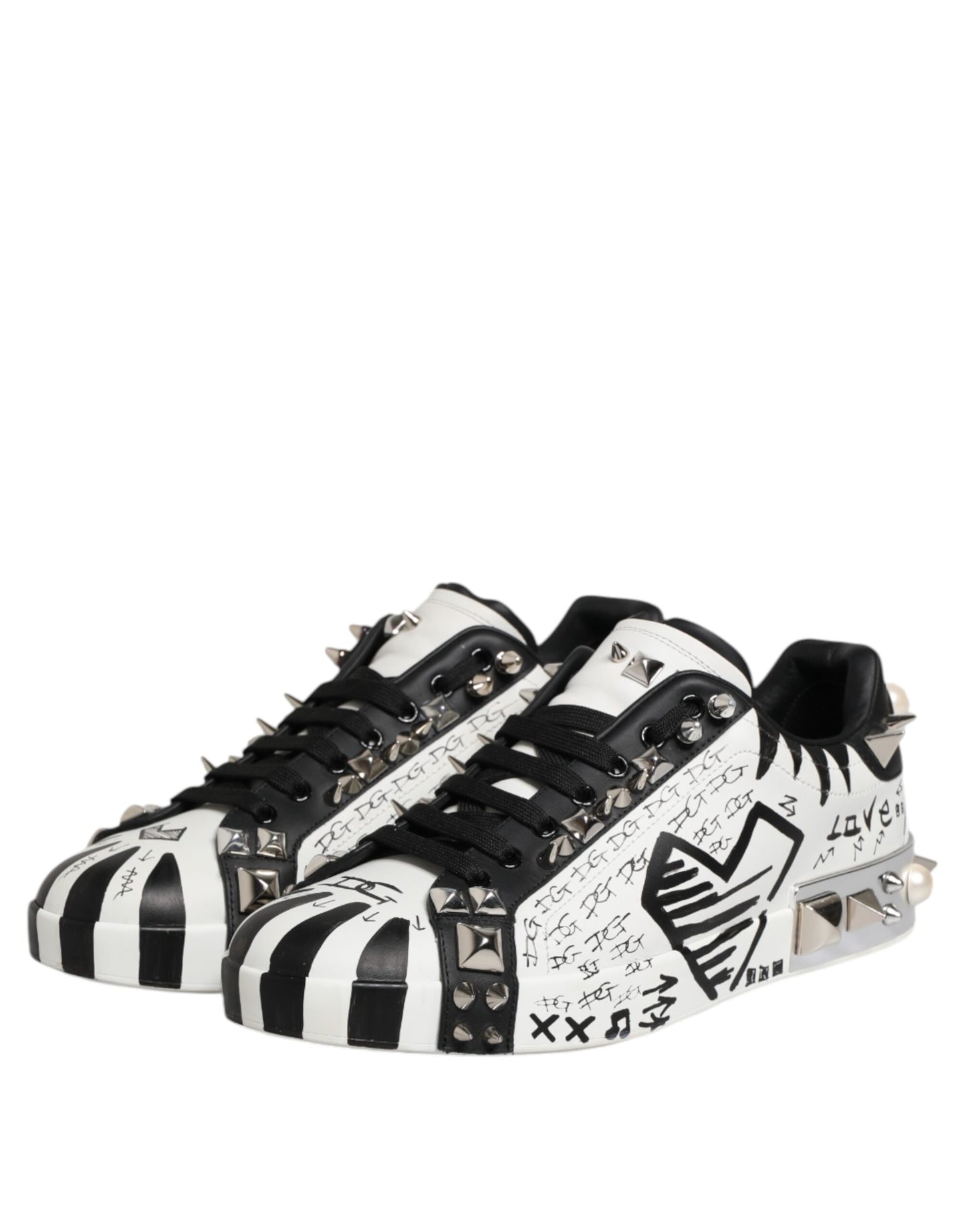 Dolce & Gabbana Black White Studded Low Top Sneakers Shoes