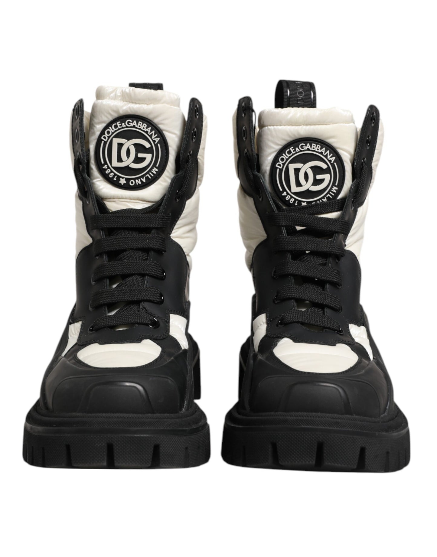 Dolce & Gabbana Black White Padded Mid Calf Lace Up Boots Shoes