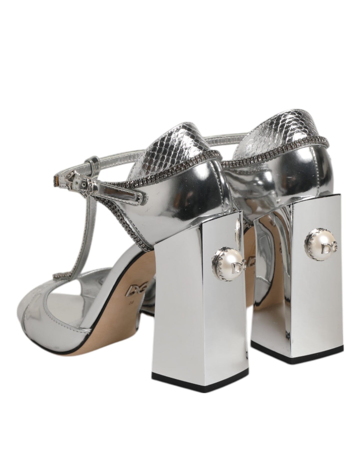 Dolce & Gabbana Silver Leather T-strap Heels Sandals Shoes