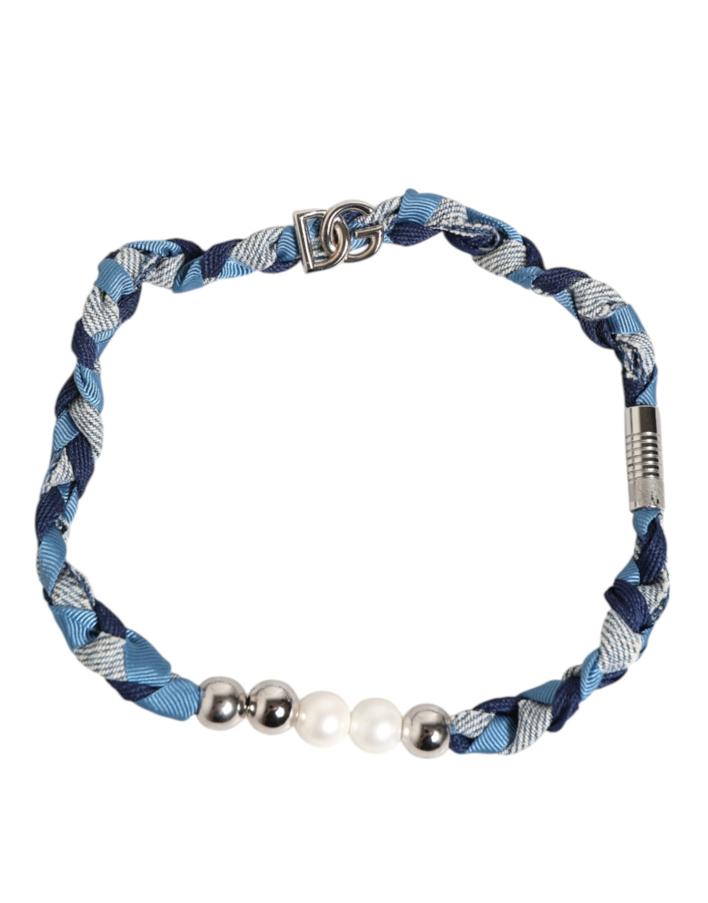 Dolce & Gabbana Blue White Braided Silver Metal Logo Beaded Men Bracelet