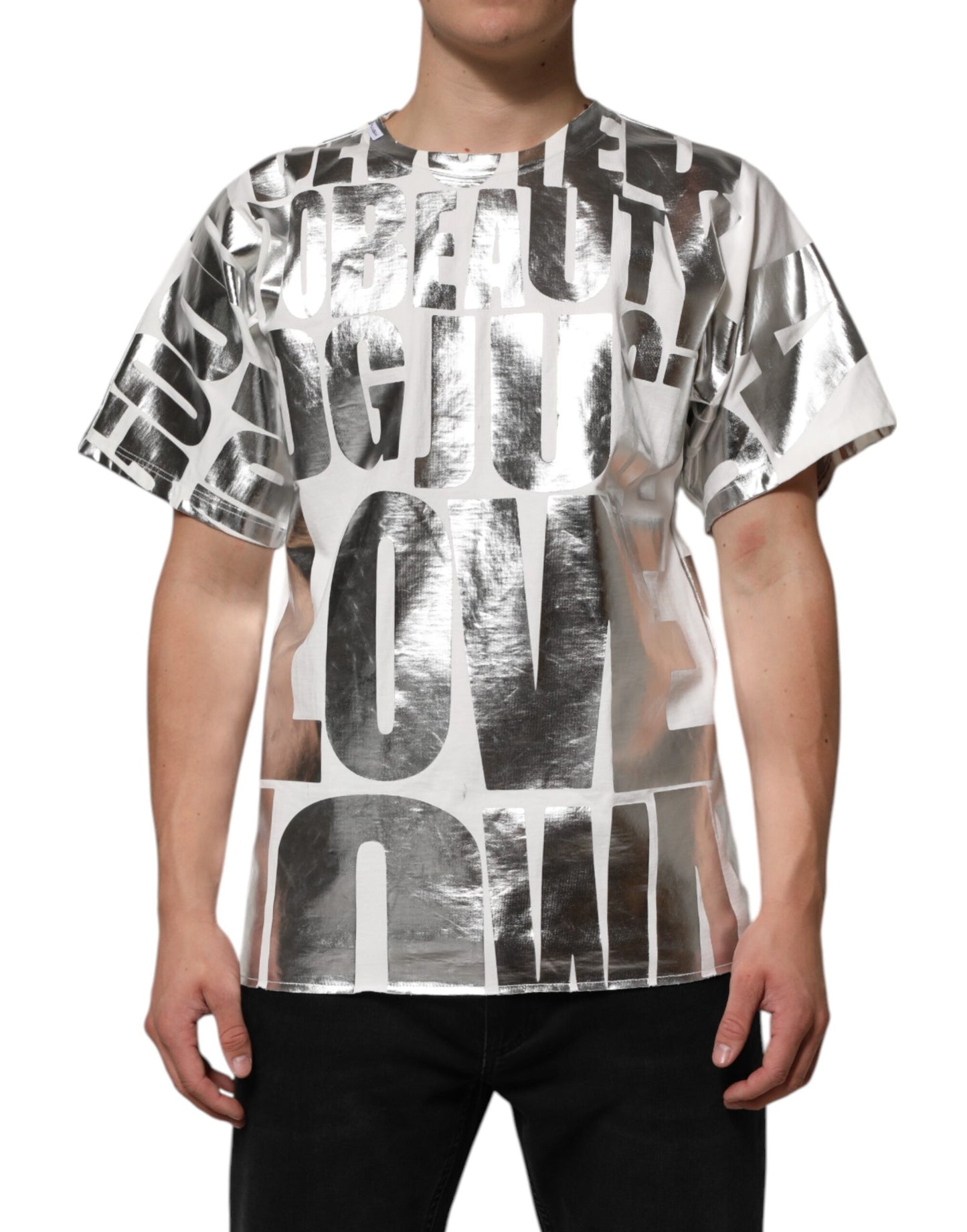 Dolce & Gabbana White Metallic Print Cotton CrewNeck T-shirt