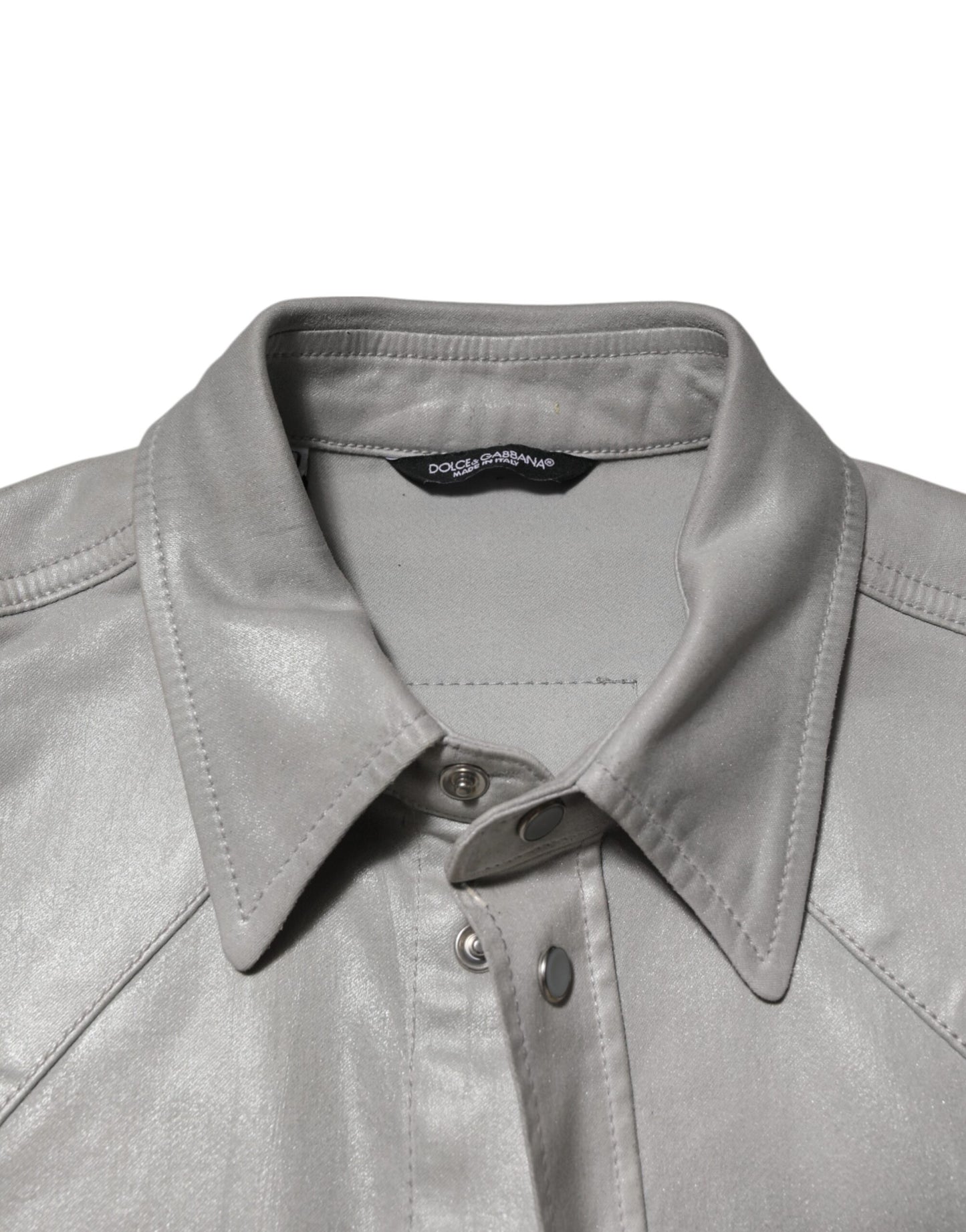 Dolce & Gabbana Gray Coated Cotton Snap Button Logo Men Shirt