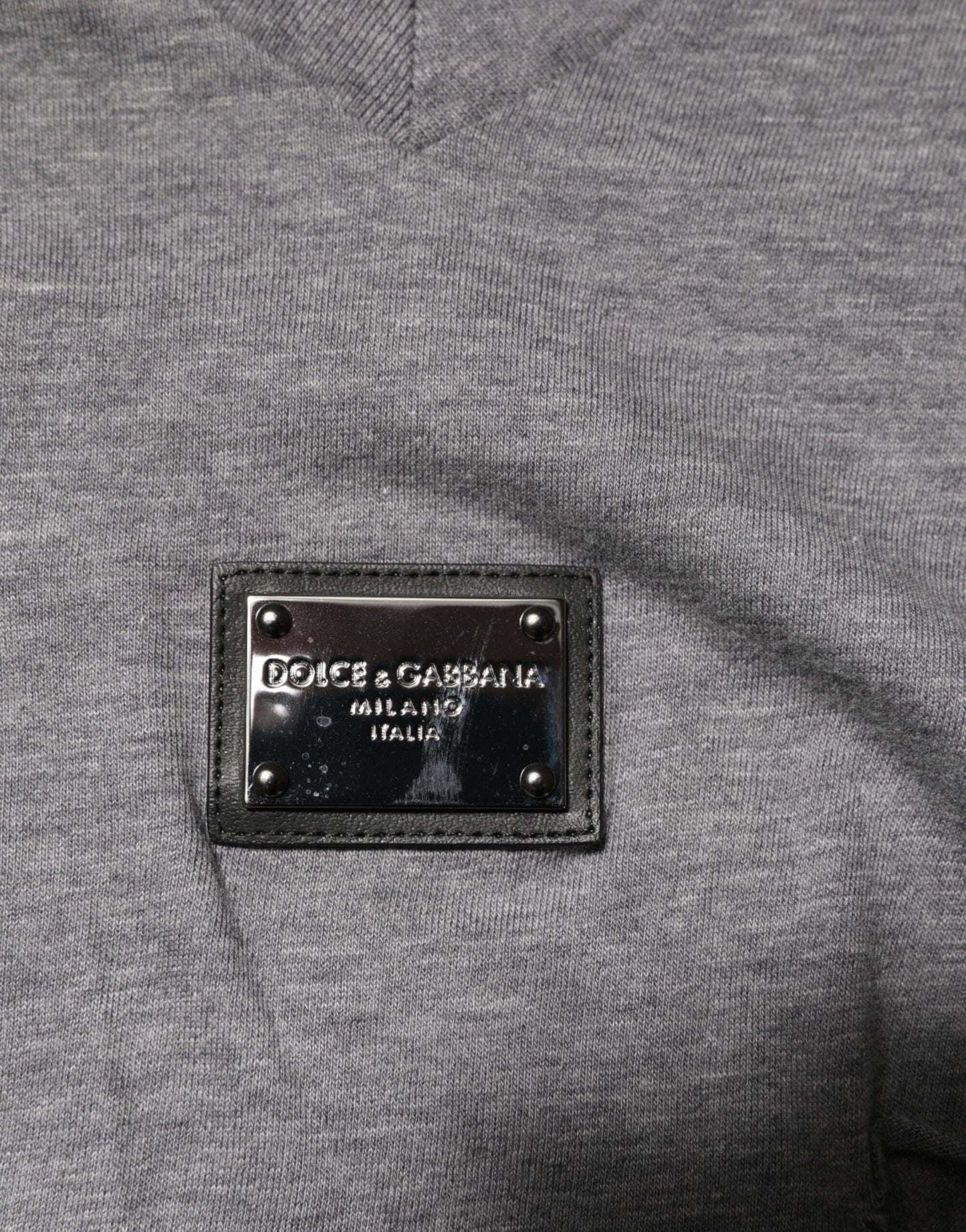 Dolce & Gabbana Gray Cotton Tattered Logo Patch Men T-shirt