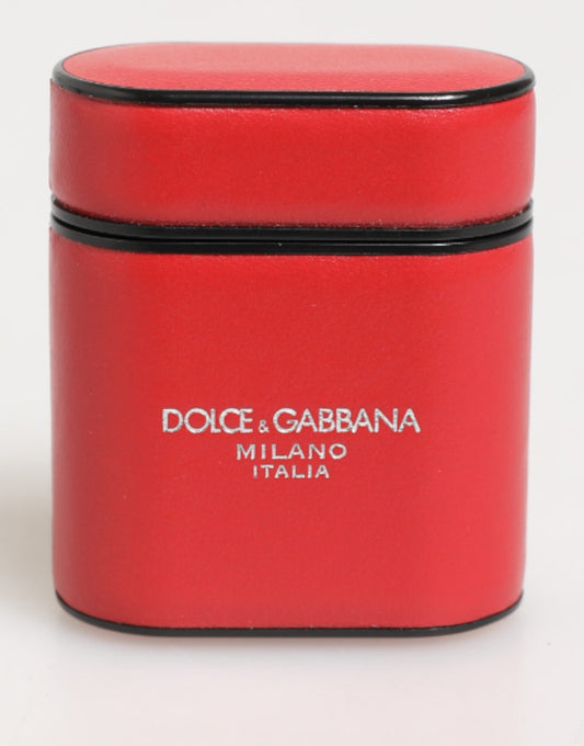 Dolce & Gabbana Red White Calfskin Leather Logo Flip Holder Airpods Case