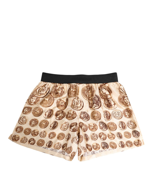 Dolce & Gabbana Brown Ancient Coin Print Silk Shorts Swimwear