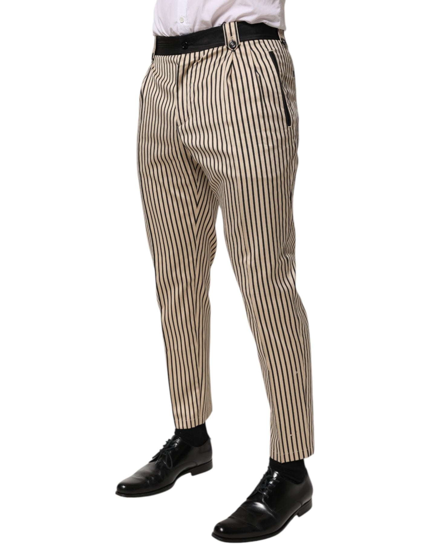 Dolce & Gabbana Beige Black Striped Cotton Slim Fit Trousers Pants
